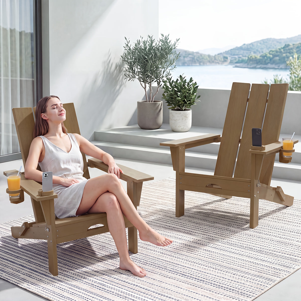 LEASBAR Folding Adirondack Chair Outdoor Fire Pit Chair For Patio Garden Backyard Pool Deck With Phone Holder And Cup Holder, Heavy All-Weather HDPE Comfortable Campfire Chairs Poolside Lawn 1pc, 2pcs, 3pcs(2pcs Chair+1table), 4pcs