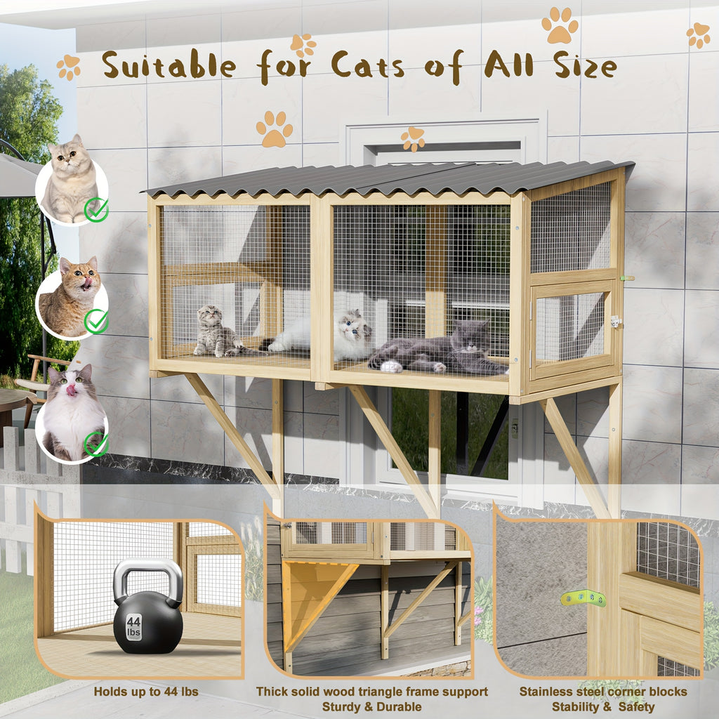 [Wooden Cat Window Box] Expandable Wooden Cat Window Box - Large Cat Catio, Waterproof Multi Cat Window Perch for Safely Enjoying Outdoor Sights