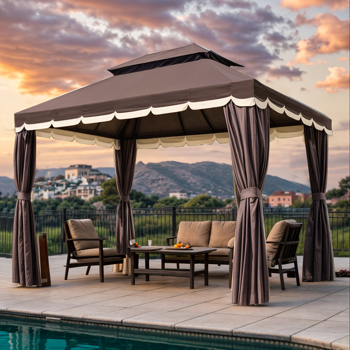 Outdoor Patio Gazebo 10'x13', Heavy Duty Party Tent & Shelter With Double Roofs, Mosquito Nettings And Privacy Screens For Patio Lawn And Garden, Brown
