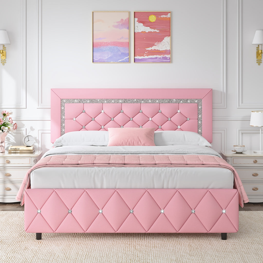 HOMBCK Twin Full Queen King Bed Frame, Padded Platform Bed with Button Tufting Headboard, Princess Platform Bed with Diamond Design, Halloween Decoration, Wooden Strip Support, No Spring Box Needed, Easy to Assemble, Pink/White/Black/Beige