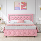 HOMBCK Twin Full Queen King Bed Frame, Padded Platform Bed with Button Tufting Headboard, Princess Platform Bed with Diamond Design, Halloween Decoration, Wooden Strip Support, No Spring Box Needed, Easy to Assemble, Pink/White/Black/Beige
