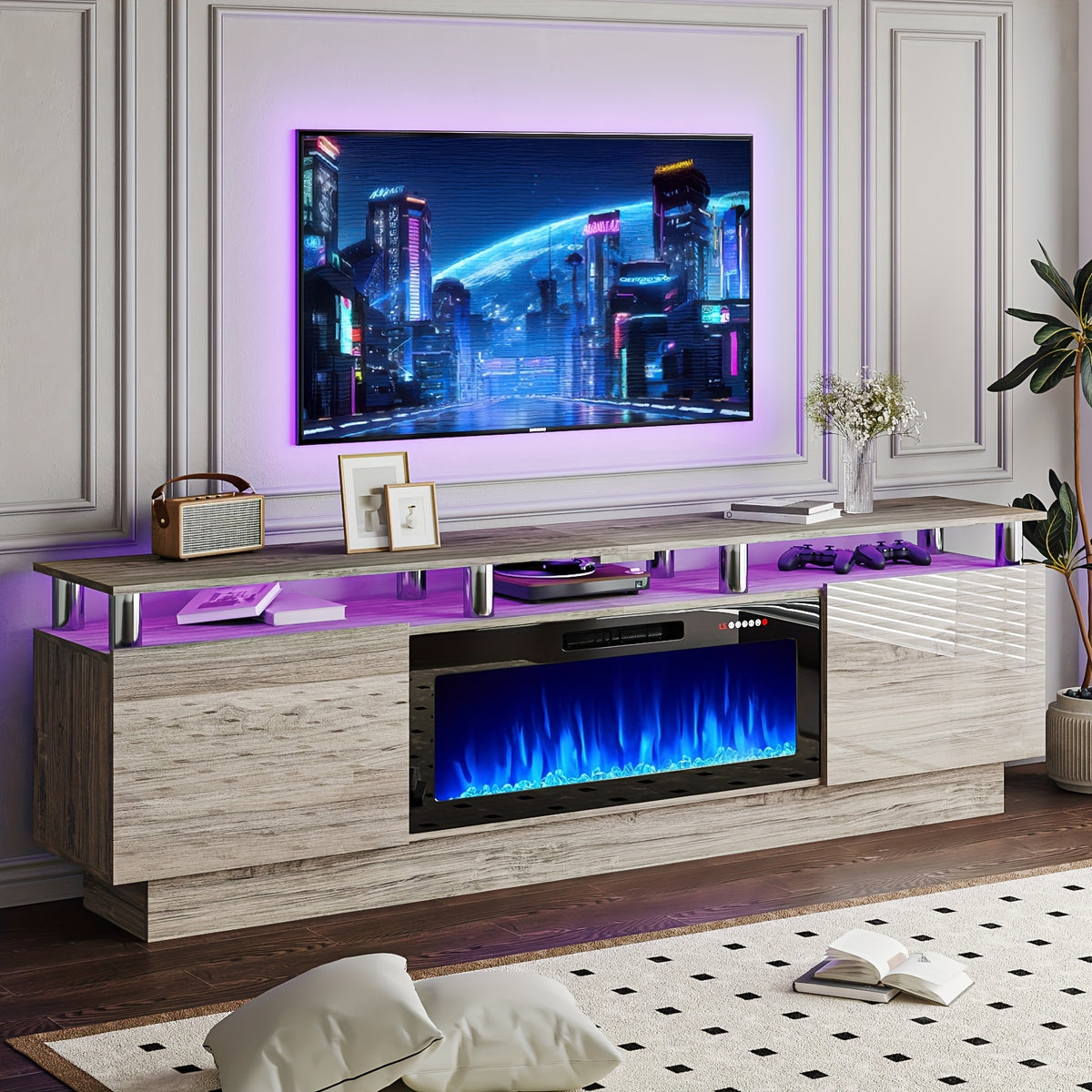80 Inch LED Entertainment Center with 36 Inch Fireplace, for TVs Up to 90 Inches, Modern Wood TV Cabinet with High-gloss Storage, TV Stand with LED Light Strip Fireplace for Living Room