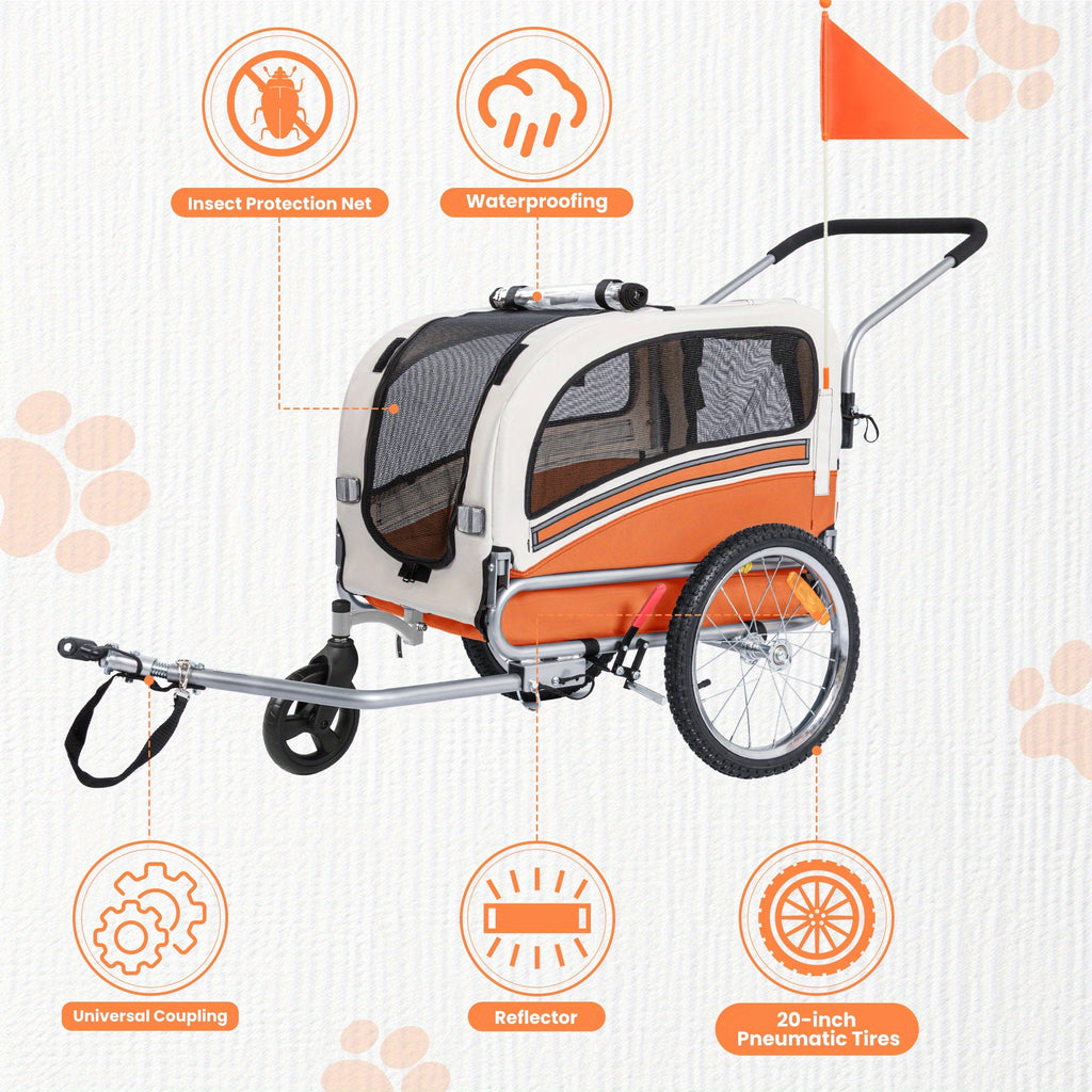 2in 1 Pet Bicycle Trailer with A 6" Stroller Wheel Suitable for Small And Medium Dogs, Carrier Up to 66 LBS, Easy Folding Cart Frame, Quick Release Wheel, Universal Bicycle Coupler