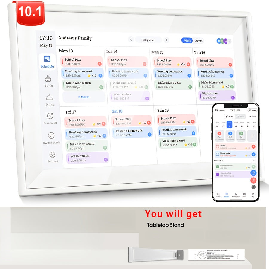 Digital Calendar Software, Size 10.1 Inches - An Interactive Online Scheduling Tool with A Color Grid, Recurring Events And Management Functions, No Installation Required, Including A Kit Of Nails, Supports, Electronic Pens, Etc.
