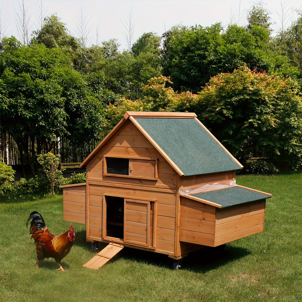 Large Chicken Coop with Wheels, Waterproof Outdoor Hen House for 6-8 Chickens, Movable Chicken House with Two Nesting Boxes, Removable Tray, PVC Cover, Wooden Duck Coop Rabbit Hutch