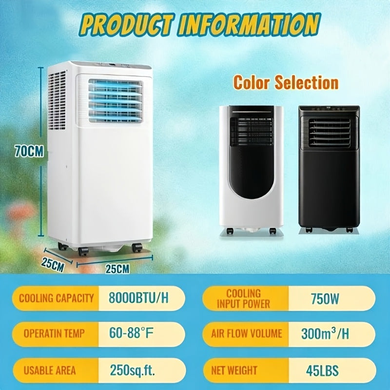 [Up to 8000 BTU Portable AC] Portable Air Conditioner, Air Conditioner with Cooling, Fan, Dehumidifier, Sleep Mode, Cooling Up to 250 Sq.Ft. with 24H Timer/Digital Display/Remote Control & Window Kit, Perfer for Office Bedroom & Apartment