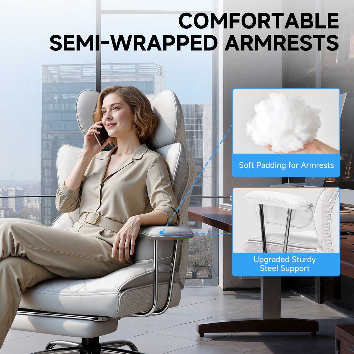 Executive Office Chair for Heavy People, Gaming Chair, Ergonomic Wide Desk Computer Chair with Pocket Spring Lumbar Support, Footrest, Outward Fixed Soft Armrests, High Back PU Leather, Height Adjustable, Big and Tall