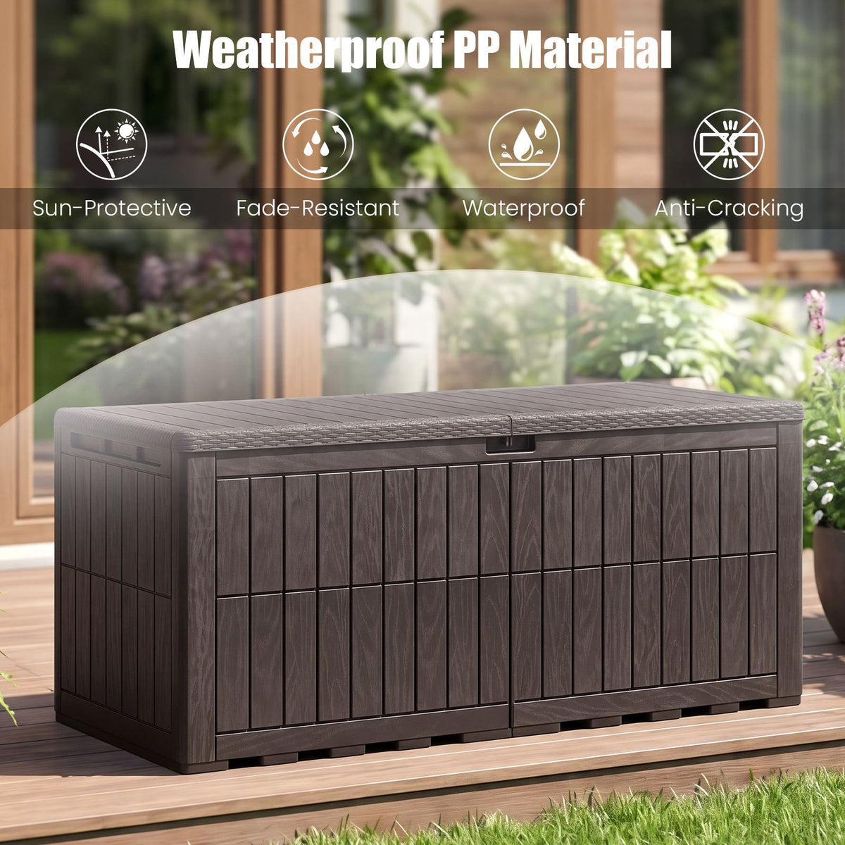 180 Gallon Wicker Deck Box, Weatherproof Lockable Storage Bench with Faux Wood Grain for Patio Cushions Garden Pool Supplies, Box, Cabinet, Rack for Outdoor Storage