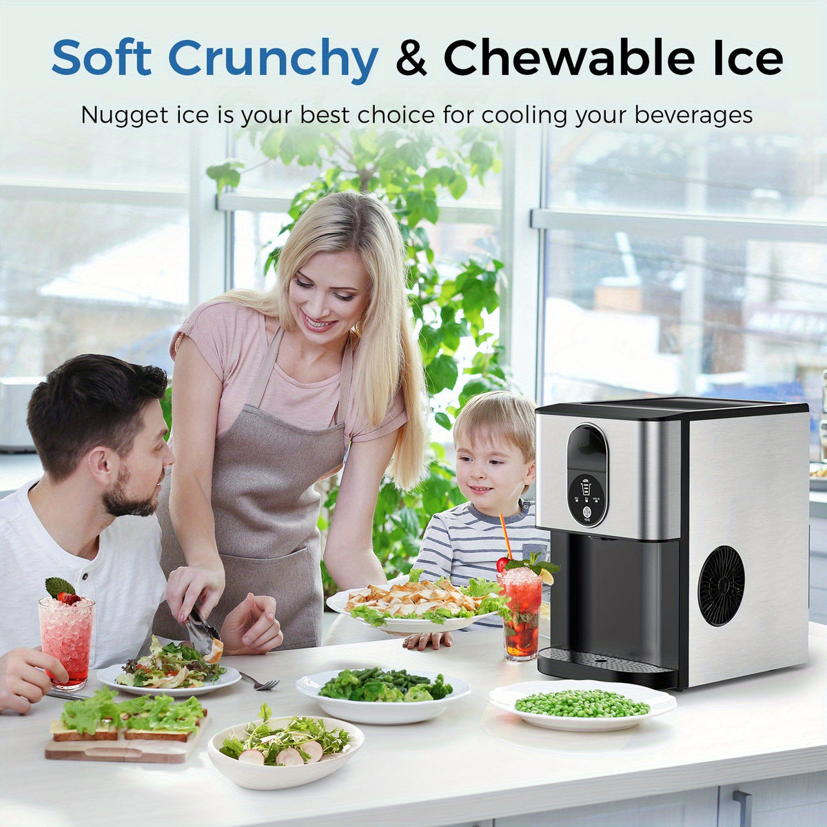 Self Dispensing Nugget Ice Maker Countertop, 46LB Per Day Automatic Chewable Ice, 44lbs/ 24H Nugget Ice Machine, for Home/ Party/ RV/ Camping