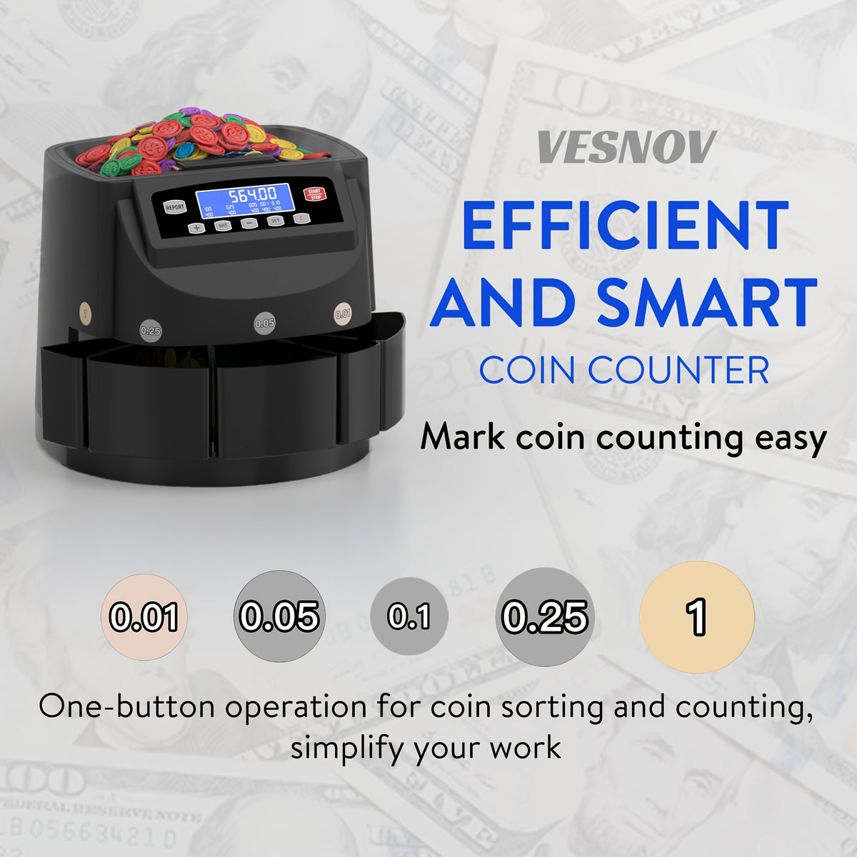 Coin Counter Machine Sorter, Change and Wrapper Roller Counting Organizer, Sorts up to 300 Coins Per Minute, Automatically Sorts and Batches, Office Supplies