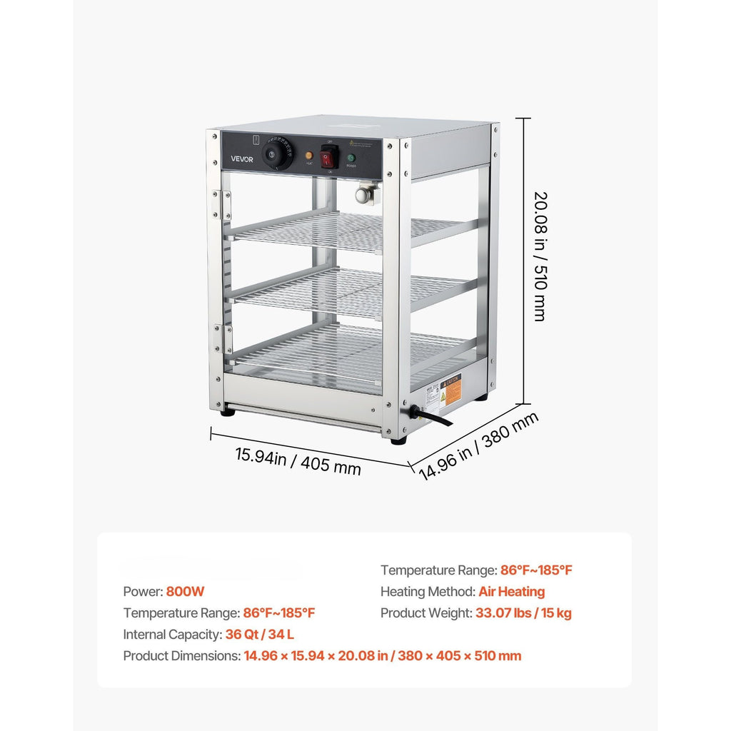 VEVOR 3-Tier/5-Tier Commercial Food Warmer Display, 14inch/15 inch 800W Food Display Warmer with LED Light, Adjustable Shelf and Stainless Steel Frame, 86℉~185℉ Air Heating, 34L for Hamburger, Pizza, Bread, Fried Chicken