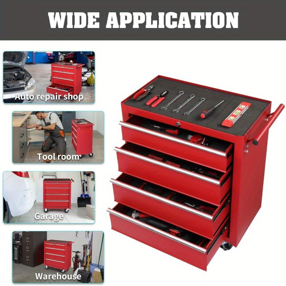 Professional-Grade 4-Drawer Mobile Tool Chest with Lock And Key Heavy Duty Steel Rolling Cabinet for Workshops And Garages (Red)