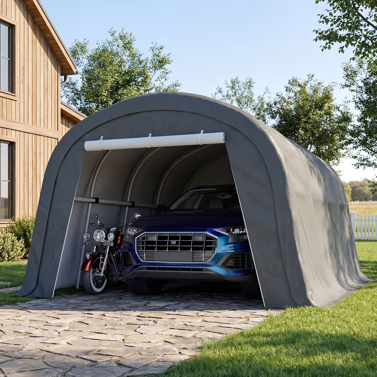 Outdoor Carport, Garage, Outdoor Storage, Courtyard Round Portable Garage, Outdoor 13 X 20ft Or 10 X 20ft Heavy Duty Carport, Tensioner And 2 Roll Up Doors Waterproof PE Fabric Car Port, Garage, Storage Shed, Tent for Storage, SUV, Brown/Grey