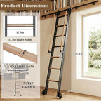 Rolling Library Ladder with 6.6' Slide Rails, 96' Roller Ladder with Wheels And Handrails, Space Saving Rail Mount Ladder for Bookshelf, Loft, Closet, Home