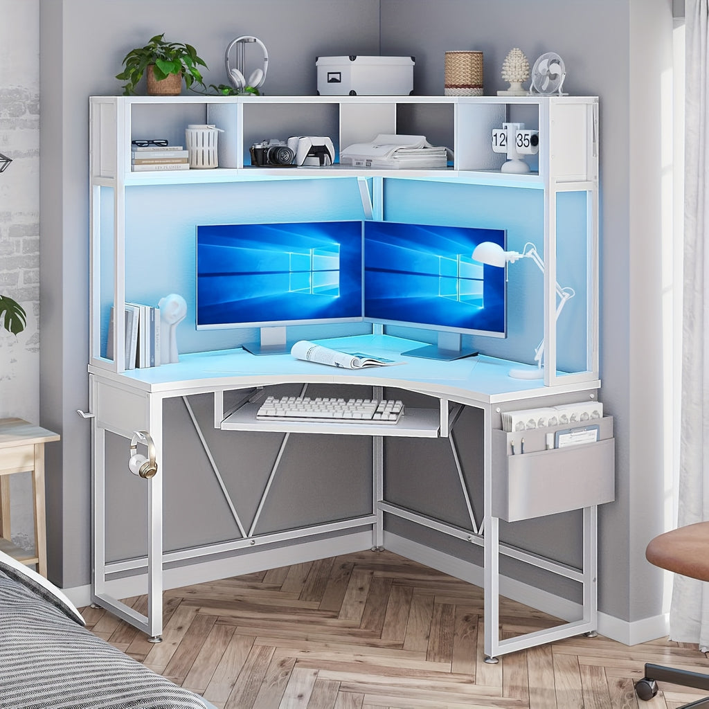 Small Office Desk with LED Lights, Triangle Corner Computer Desk with Storage Bag and Headphone Hook