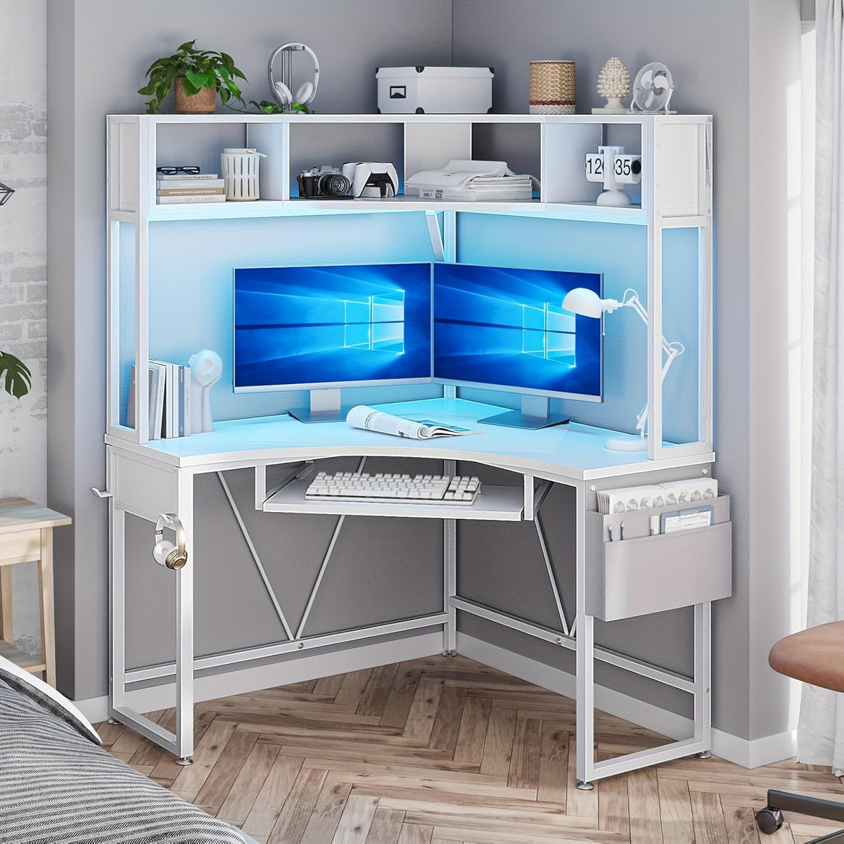 Small Office Desk with LED Lights, Triangle Corner Computer Desk with Storage Bag and Headphone Hook