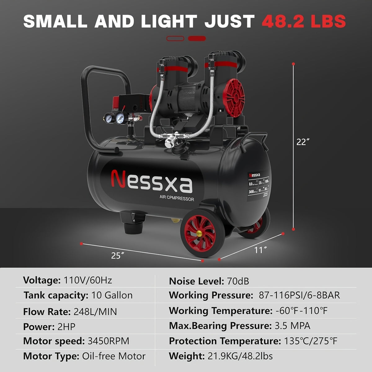 10 Gallon Ultra Quiet Air Compressor with Two Quick Couplers, 2HP 8.76 CFM at 115PSI Oil-Free Air Compressor Tank, 110V/60Hz, 70Db Air Compressor for Car Repair, Spray Painting, Woodwork Nailing
