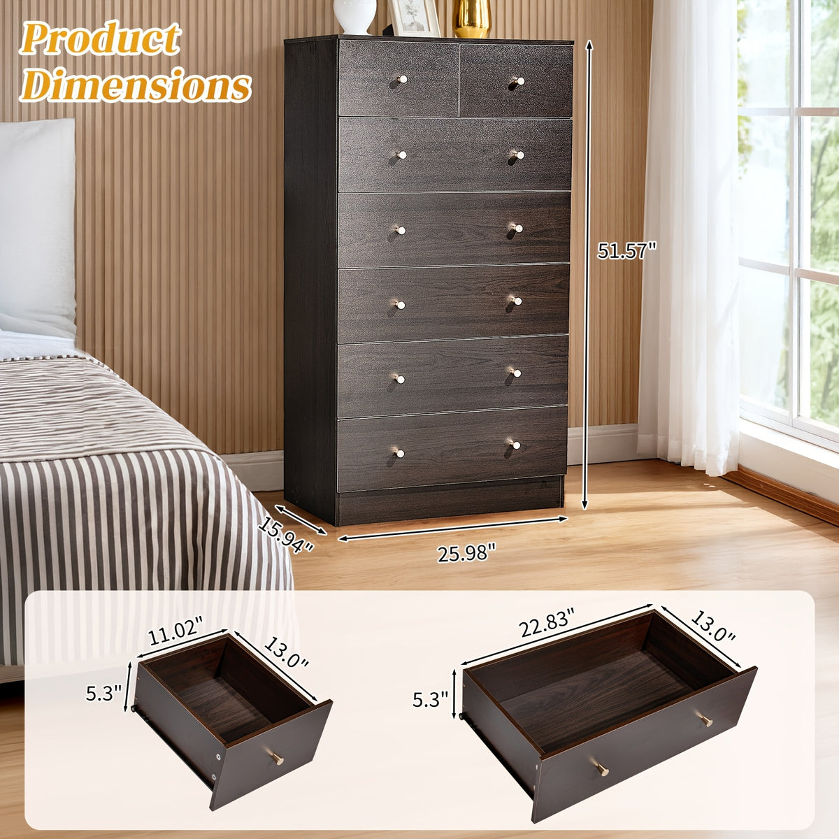 Bonnlo Dresser Featuring Seven Drawers, Wooden Chest of Drawers, Contemporary Storage Organizer Nightstand for The Bedroom