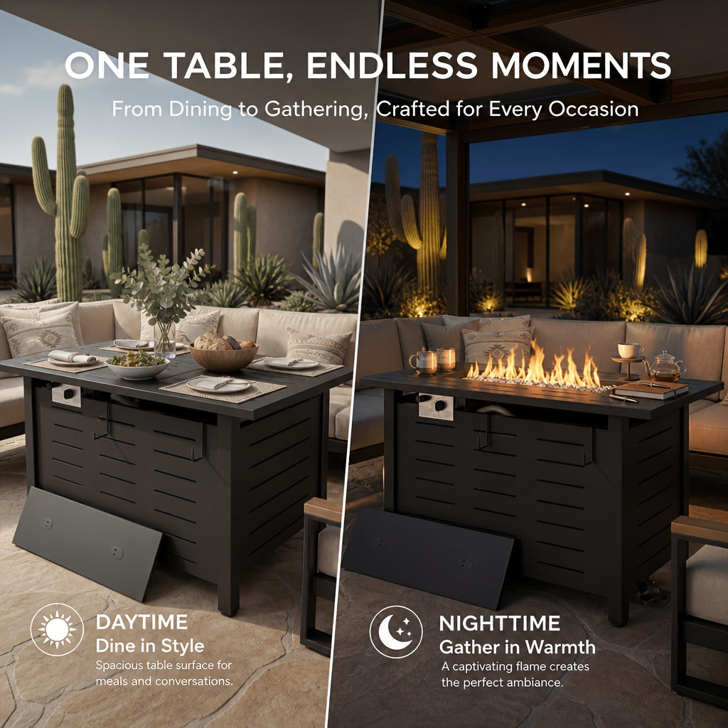 40 44in 50000 BTU Propane Fire Pit Outdoor - Rectangular Steel Gas Fire Table with Lid | Waterproof Cover Metal Black Firepit for Patio, Backyard, Deck (Black/Brown)