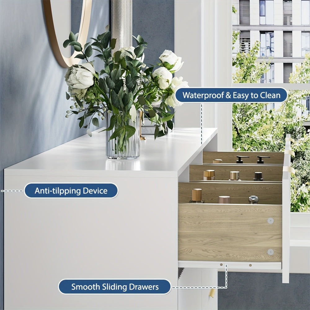 White/Walnut/Black 7 Drawer Dresser for Bedroom, Modern Fluted Dresser with Golden Metal Handles, Wide Chest Of Drawers for Bedroom, Living Room, Entryway, Hallway, 55.1" L X 15.7" D X 31.8" H, White 7 Drawer Dresser, Walnut 7 Drawer Dresser