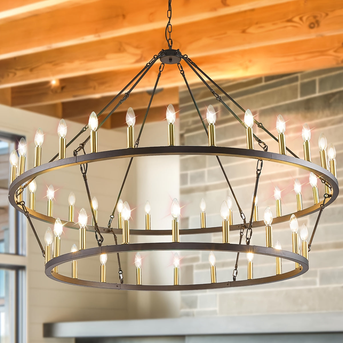 [Modern Farmhouse Chandelier] Modern Farmhouse Chandelier 2 Tier Round Wheel Chandelier Large High Ceiling Light