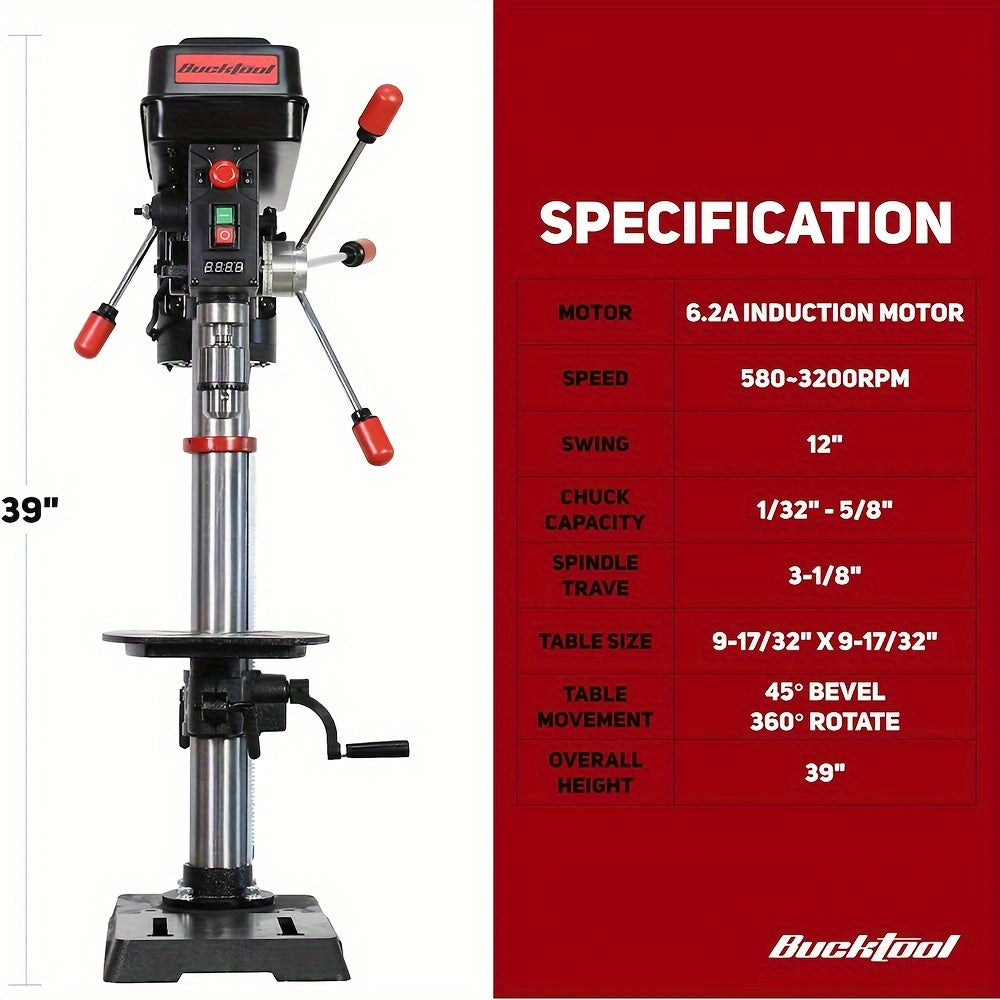 BUCKTOOL 12 INCH 6.2A Professional Bench Drill Press, 3/4HP Powerful Benchtop Drill Press, Variable Speed Drill Press With Work Light