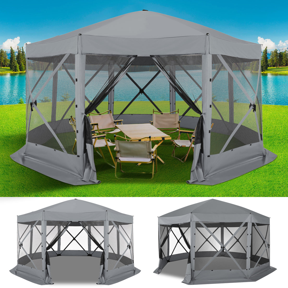 12X12Ft Pop-Up Canopy, Without Cloths, with Octagonal Mesh, One Person Can Quickly Build with a Handbag And Ground Pile, Suitable for Camping, Outdoor Activities