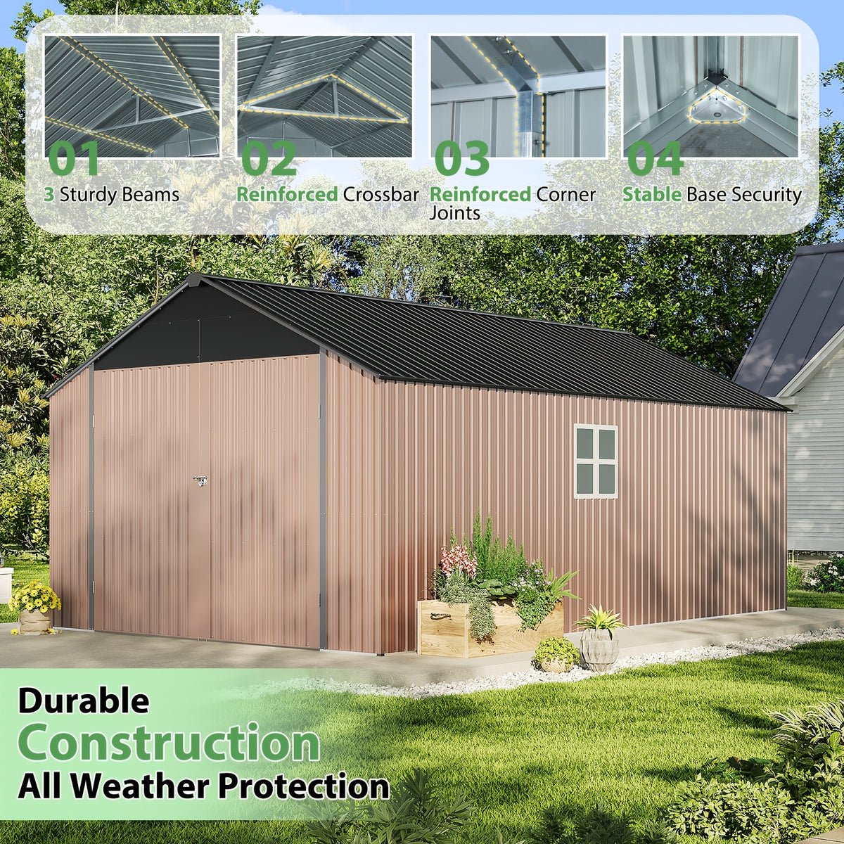 ULSMVOC 12X20X9.3/10X12/6X4 FT Metal Storage Shed - Outdoor Garden Shed Kit, Lockable Tool Shed, Backyard Shed with Double Hinged Doors, 4 Windows, Carport for Car, Truck, Bike And Lawn Mower & Equipment, Brown