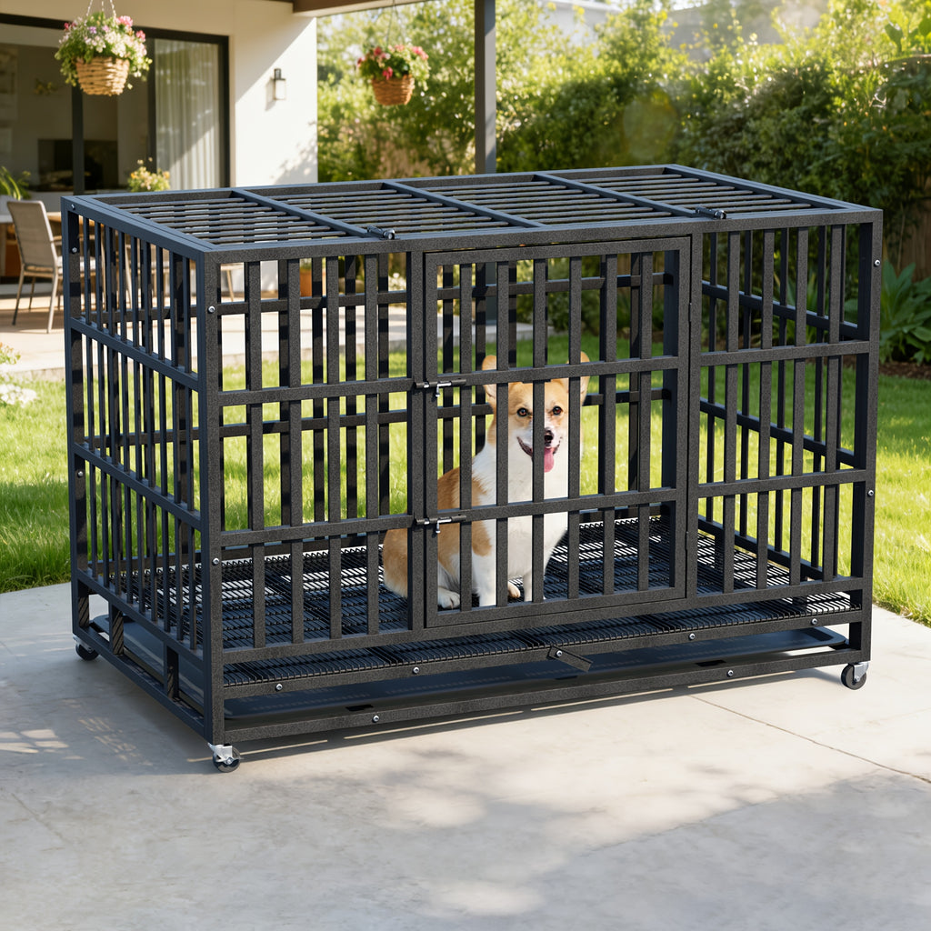 48inch Extra Large XXL Heavy-Duty Dog Crate - Double Door, Escape-Proof, Wheels, Removable Tray - Easy Cleaning Design For Large Breeds