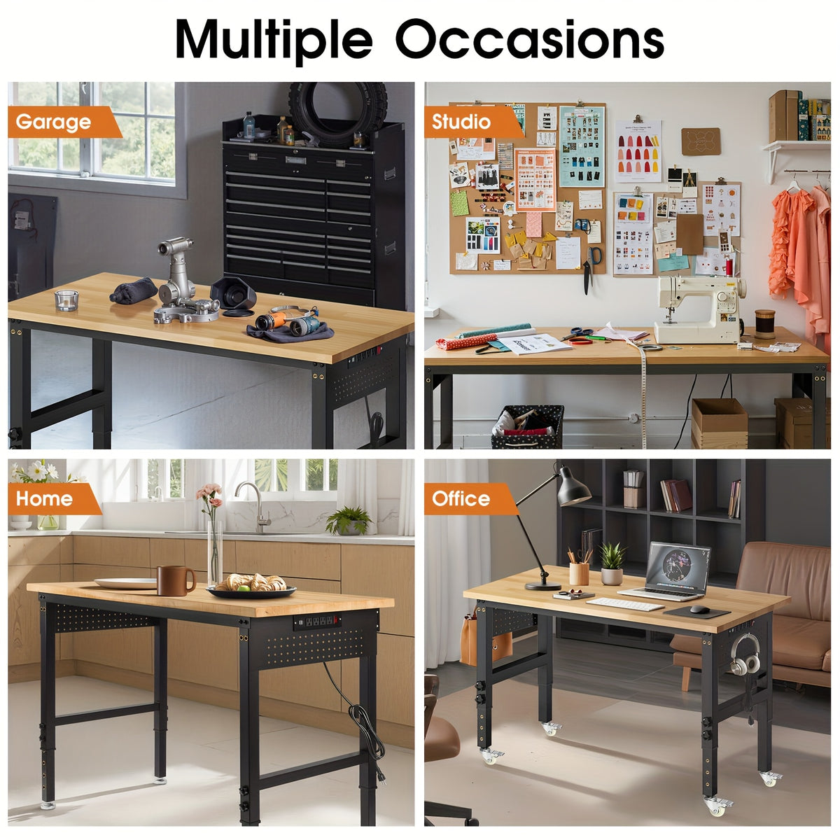 [Heavy Duty Workbench] 48"×24" Heavy Duty Workbench With Wheels, 2000 LBS Load Capacity Thick Solid Wood Work Table With Power Outlets, Pegboard, Work Bench For Garage, Office, Home, Workshop, Commercial