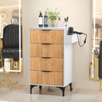 Salon Station, Barber Station for Hair Stylist, Storage Cabinet with Glass Top & Drawers & Heat Resistant Dryer Holders, Modern Retro Style for Beauty Salon, White/ Black