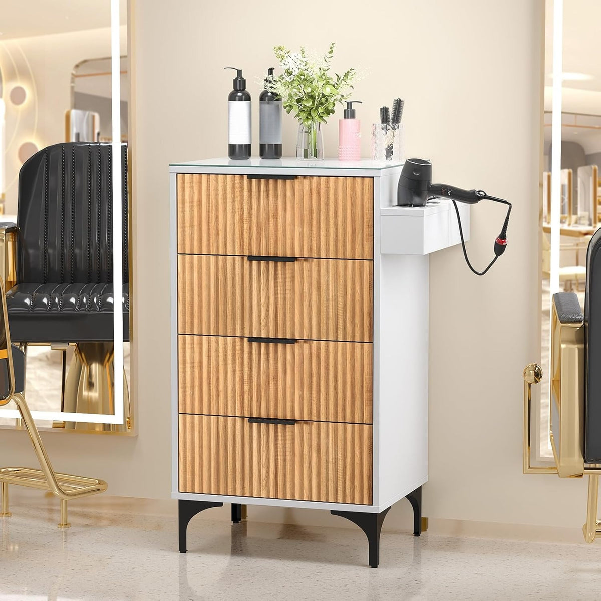 Salon Station, Barber Station for Hair Stylist, Storage Cabinet with Glass Top & Drawers & Heat Resistant Dryer Holders, Modern Retro Style for Beauty Salon, White/ Black