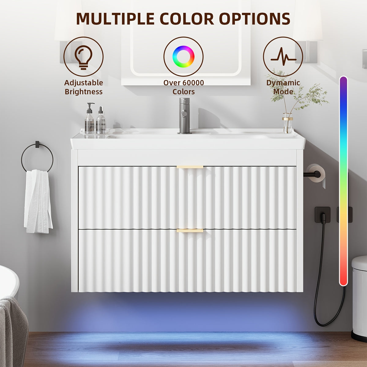 24" Wall Mount Floating Bathroom Vanity with LED Lighting, 3-Hole Ceramic Sink Included, Wave Fluted Textured Cabinet Door, 2 Soft Close Drawers, Modern Suspended Bathroom Vanity Cabinet for Small Bathrooms, Black & White Optional