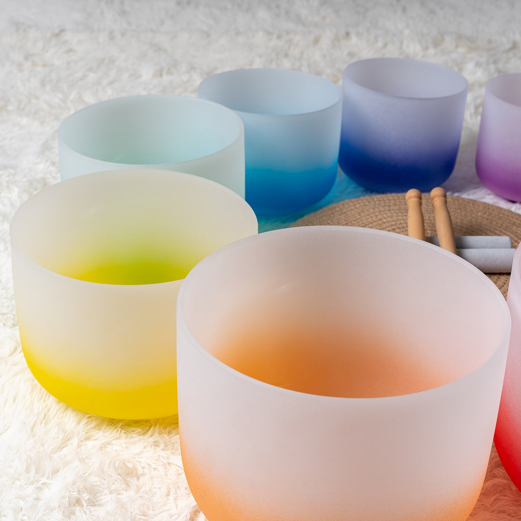 [Singing Bowls] Quartz Crystal Singing Bowls | Set of 7 | Quartz Crystal | Aria Gradient Design | For Meditation Yoga | 6-12 Inch | With Case Mallet Striker