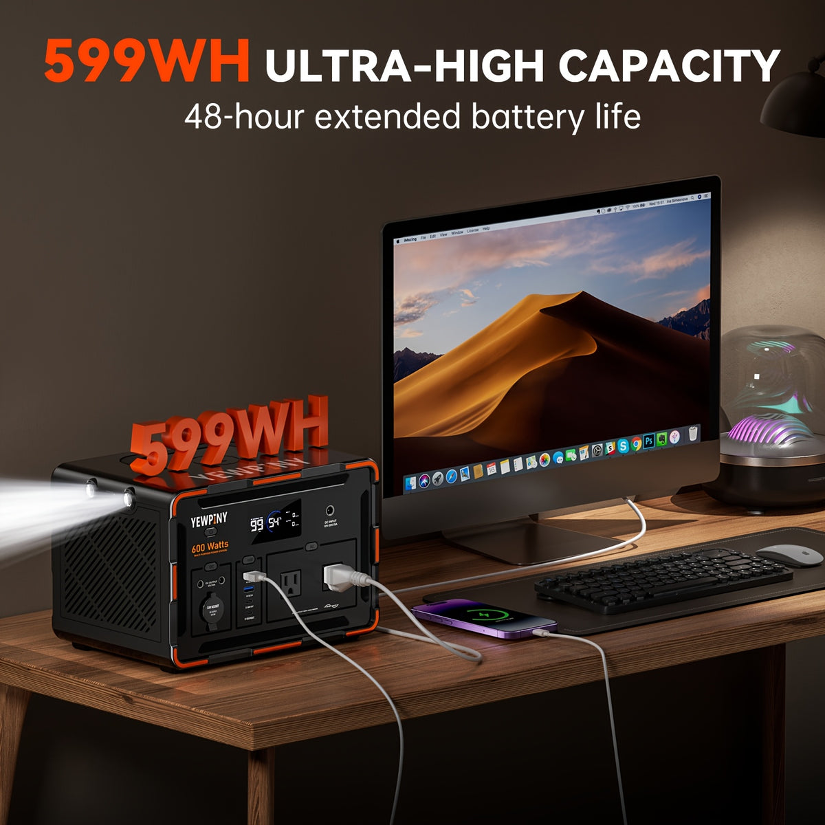 [Portable, Fast Charging] 300W/600W YEWPINY Portable Power Station, Featuring Fast Charging, 259Wh/599.4Wh Lithium-Ion Battery Solar Generator, 17,500mAh/27,000mAh High-Capacity Lithium-Ion Battery, Ideal for Home Use, Outdoor Trips, Camping, Hunting, and