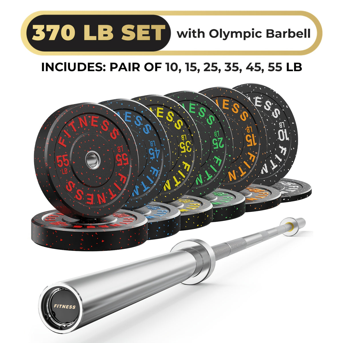 Rubber Bumper Plates with 7ft Barbell, 70LB to 410LB Heavy Duty Weight Plates + 2-Inch Barbell Combo, Bumper Plates with Steel Hub, Home Gym Strength Training for Deadlift Squat Bench Press, 1 Barbell Per Set