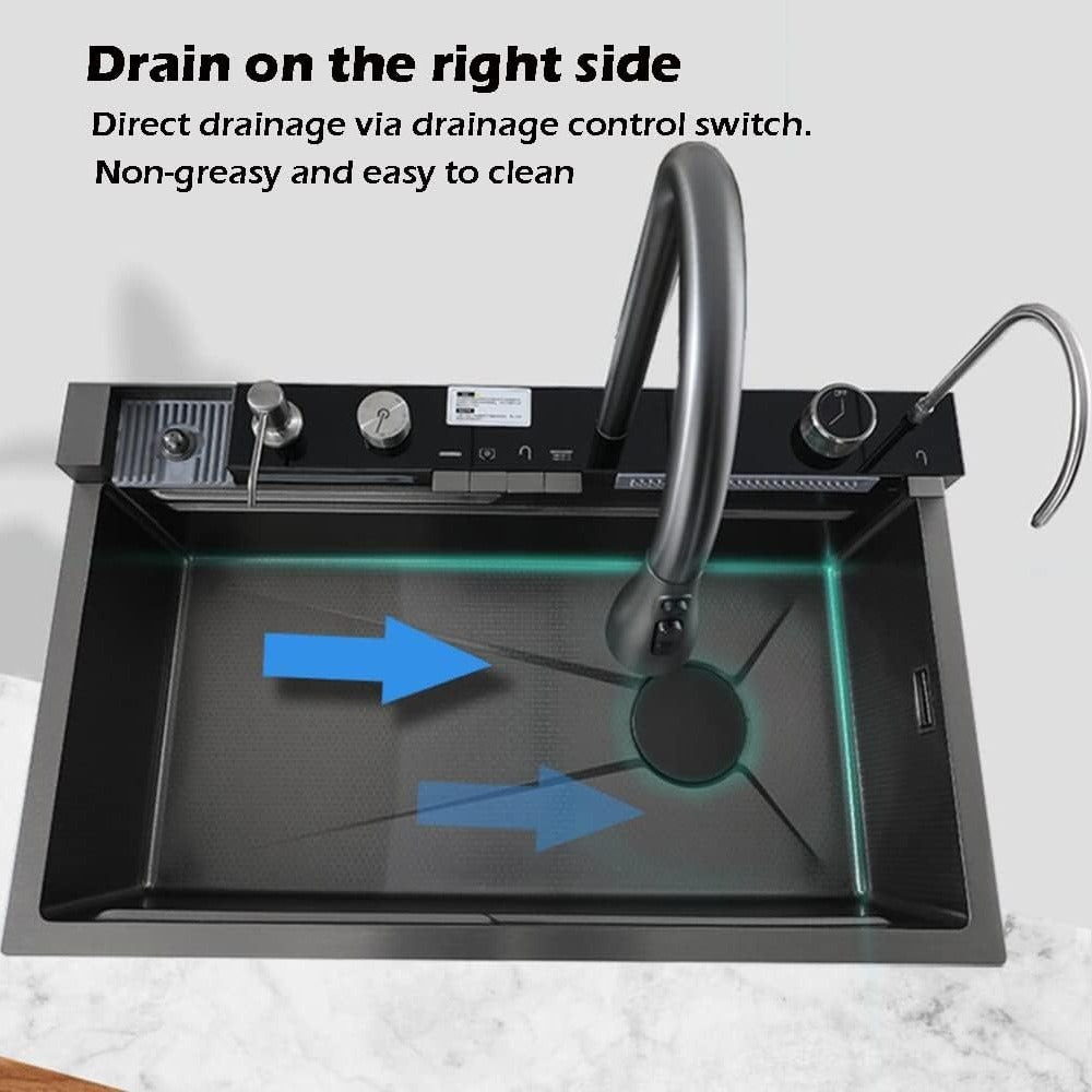BRONCHO 33X22 INCH Two Waterfalls Nano Kitchen Sink, Stainless Steel Smart Kitchen Sinks, Multifunctional Workstation Kitchen Sink with Digital Display Pull-Out Faucet and Accessories