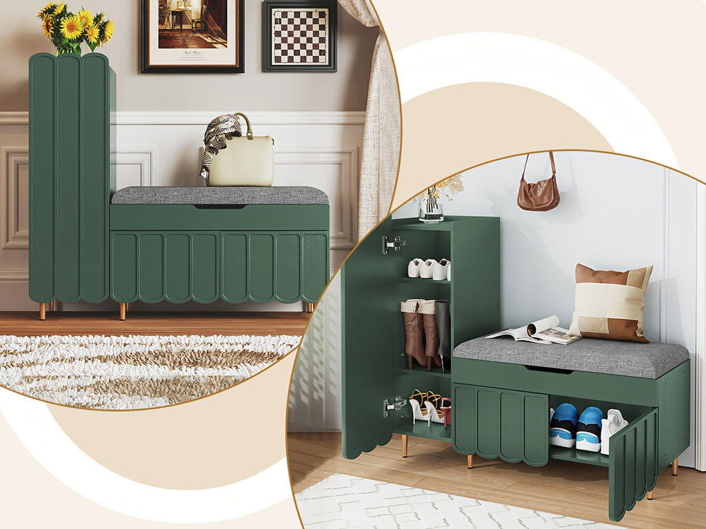 Shoe Organizer Cabinet, Entryway Bench With Adjustable Shelves And Cushioned Seat, Unique L-Shaped Bench Cabinet For Entryway