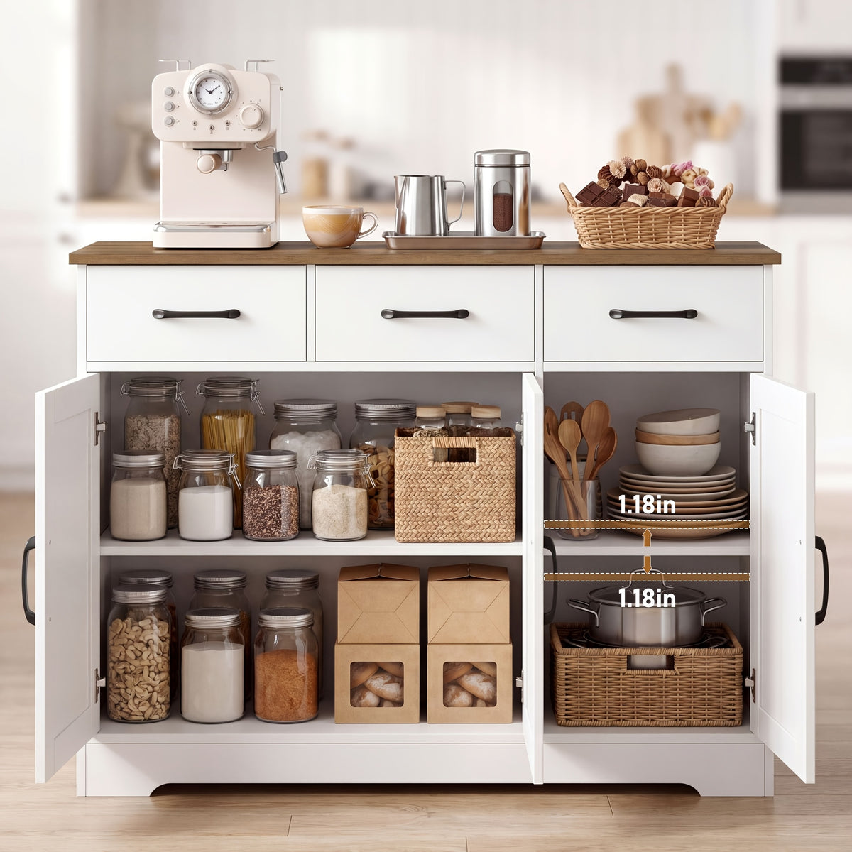 FULTRU Modern Farmhouse Cabinet with Barn Door & Sliding Panel Doors Suitable for Kitchen, Dining Room Storage, Freestanding Buffet Furniture with Drawers and Open Shelves, Assembly Required, Multifunctional Sideboard