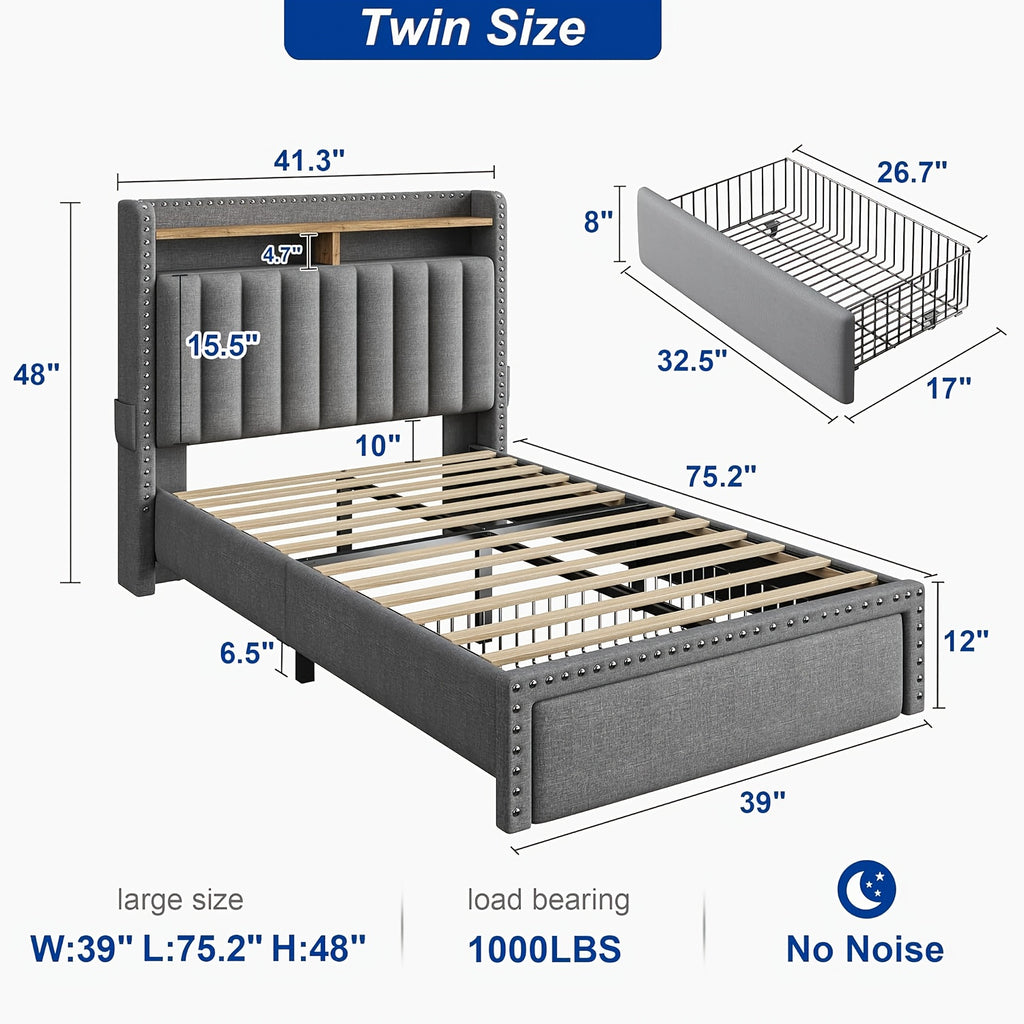 Soft Upholstered Bed Frame with 2 Storage Drawers & Naked Mattress Foundation | Full/Queen/King Size Low Profile Platform Bed Base, Heavy Duty 1000lbs Steel Frame, No Box Spring Needed for Apartments/Dorms | Easy Assembly (Gray/Beige)