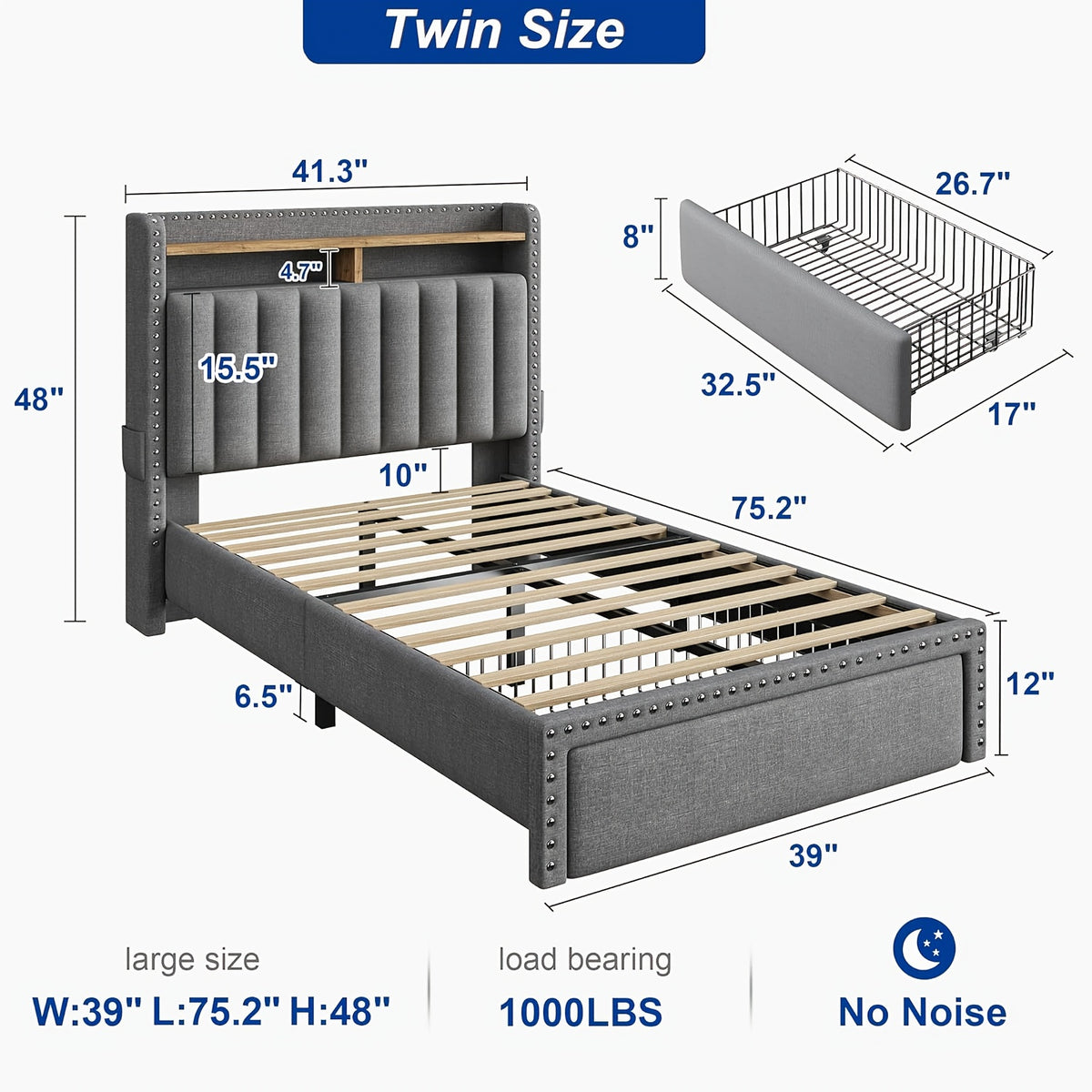 Soft Upholstered Bed Frame with 2 Storage Drawers & Naked Mattress Foundation | Full/Queen/King Size Low Profile Platform Bed Base, Heavy Duty 1000lbs Steel Frame, No Box Spring Needed for Apartments/Dorms | Easy Assembly (Gray/Beige)