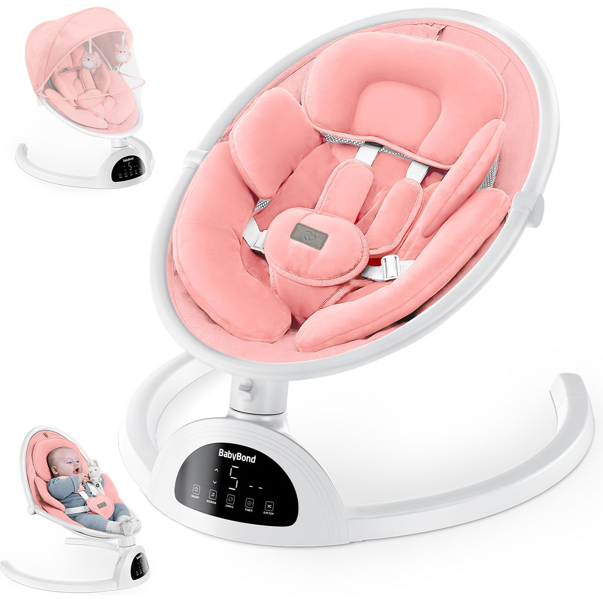 Infant Baby Swing, Baby Swing with Music Speaker, 3 Seat Positions, 5-Point Harness, 5 Speeds and Remote Control - Portable Baby Swing for Indoors and Outdoors