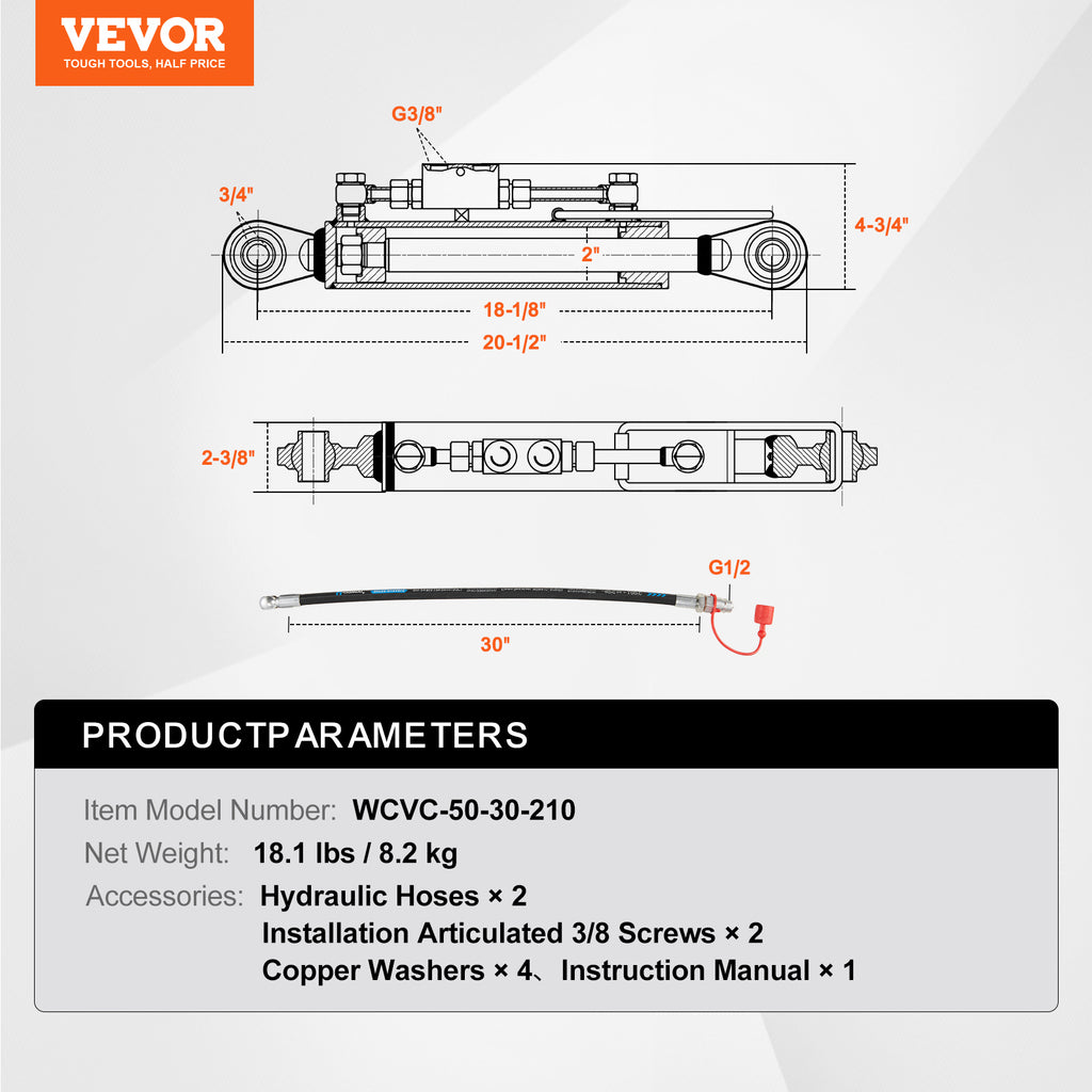 VEVOR Hydraulic Top Link Cat.1-1 (8-1/4 in, 18-1/8~26-3/8 in ), Hydraulic Cylinder with 2 Hoses & G3/8" Check Valve
