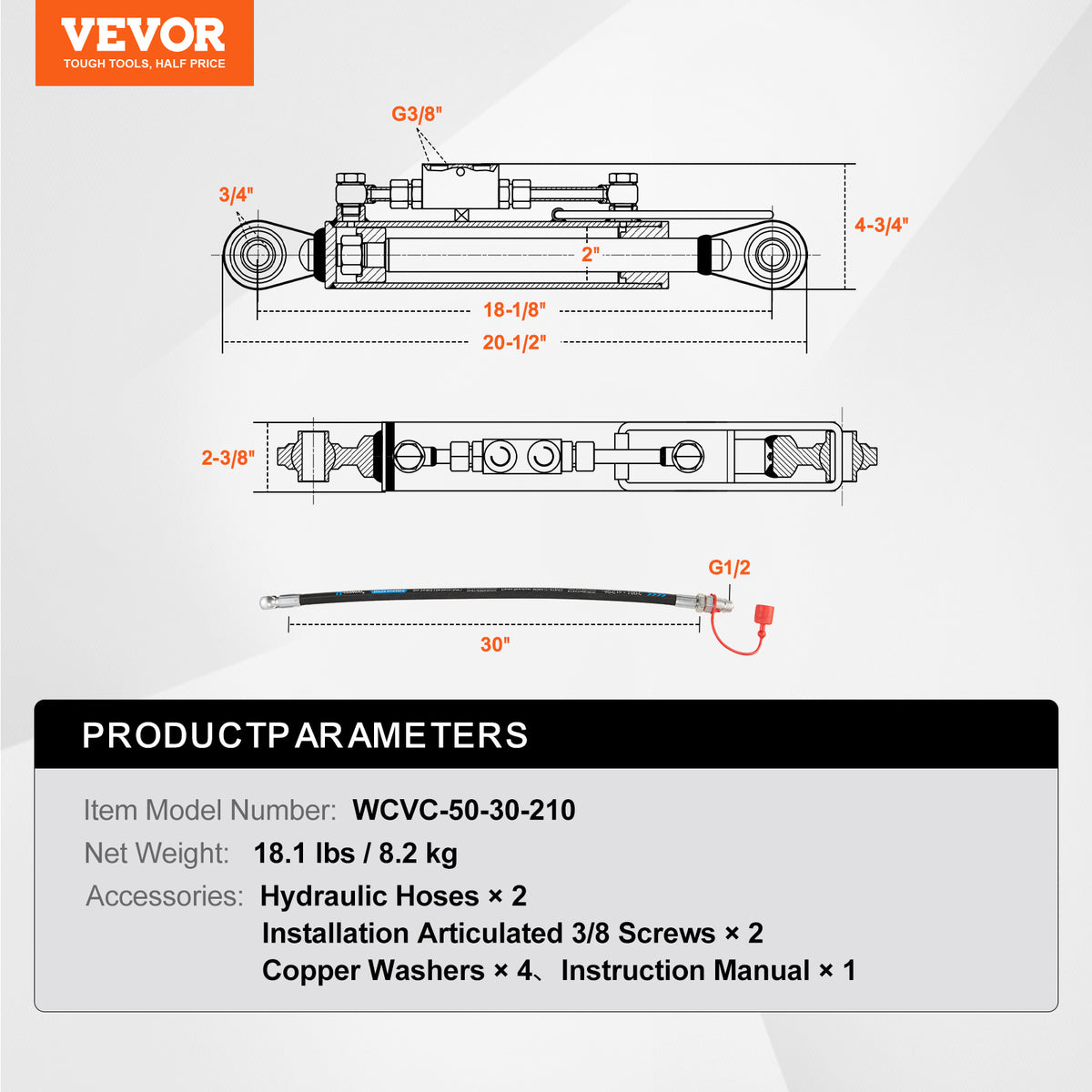 VEVOR Hydraulic Top Link Cat.1-1 (8-1/4 in, 18-1/8~26-3/8 in ), Hydraulic Cylinder with 2 Hoses & G3/8" Check Valve
