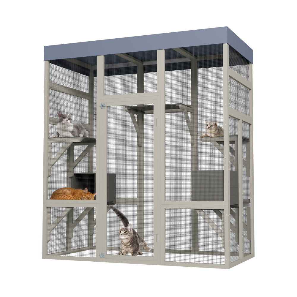 [Outdoor Catio Enclosure] 62.6 Inch Large Wooden Outdoor Catio Enclosure for Cats | Secure Pet Cage with Roof & Rust-Proof Wire Mesh | Includes 2 Napping Houses & Multi-Level Platforms for Backyard & Patio
