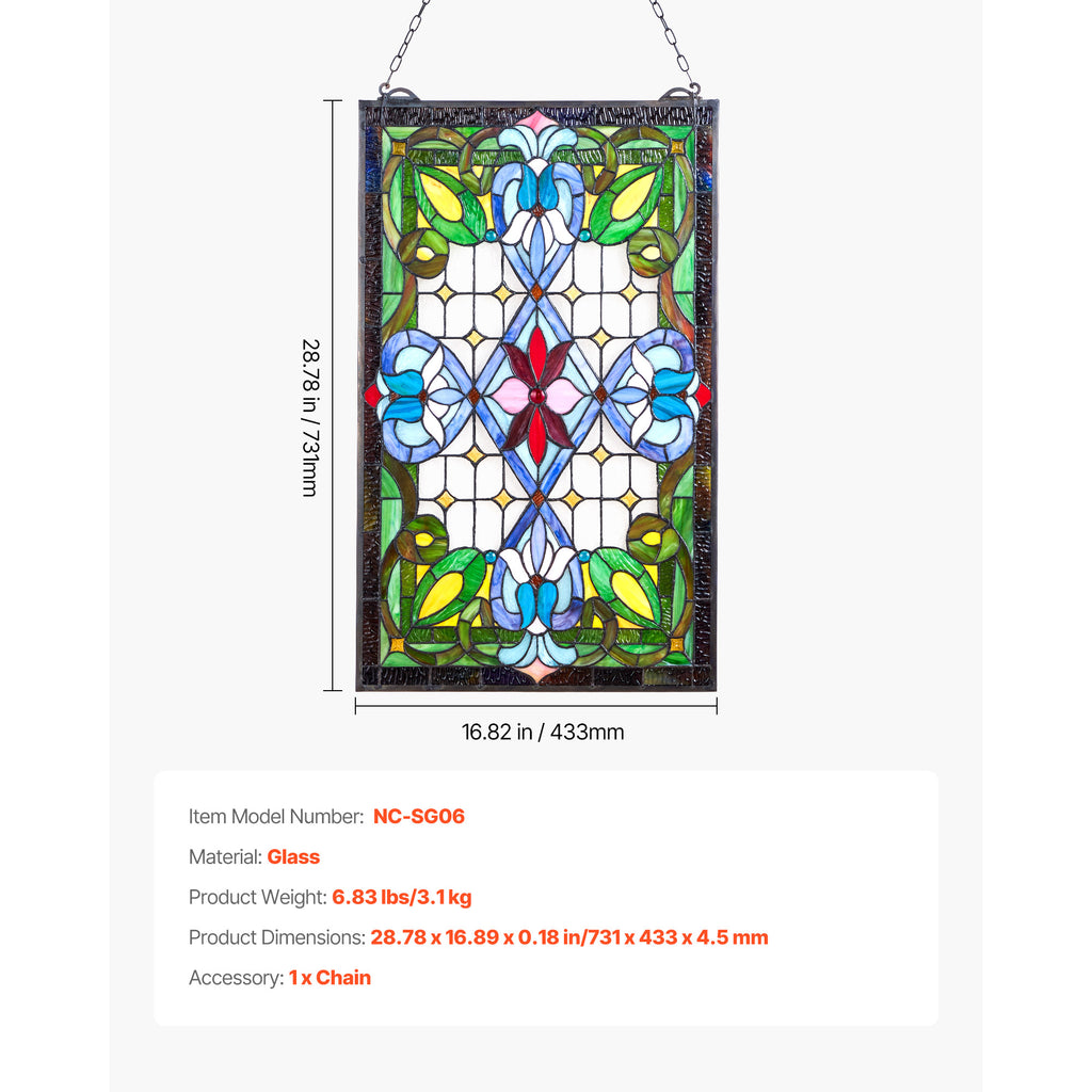 Stained Glass Tiffany Style Hanging Window Panel with Chain 17 x 29 Inches