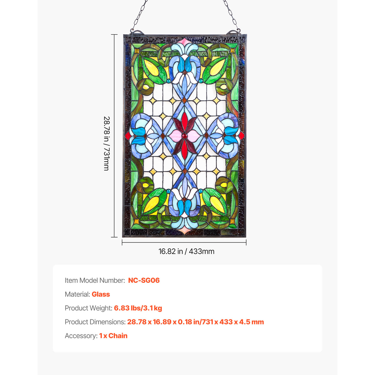 Stained Glass Tiffany Style Hanging Window Panel with Chain 17 x 29 Inches