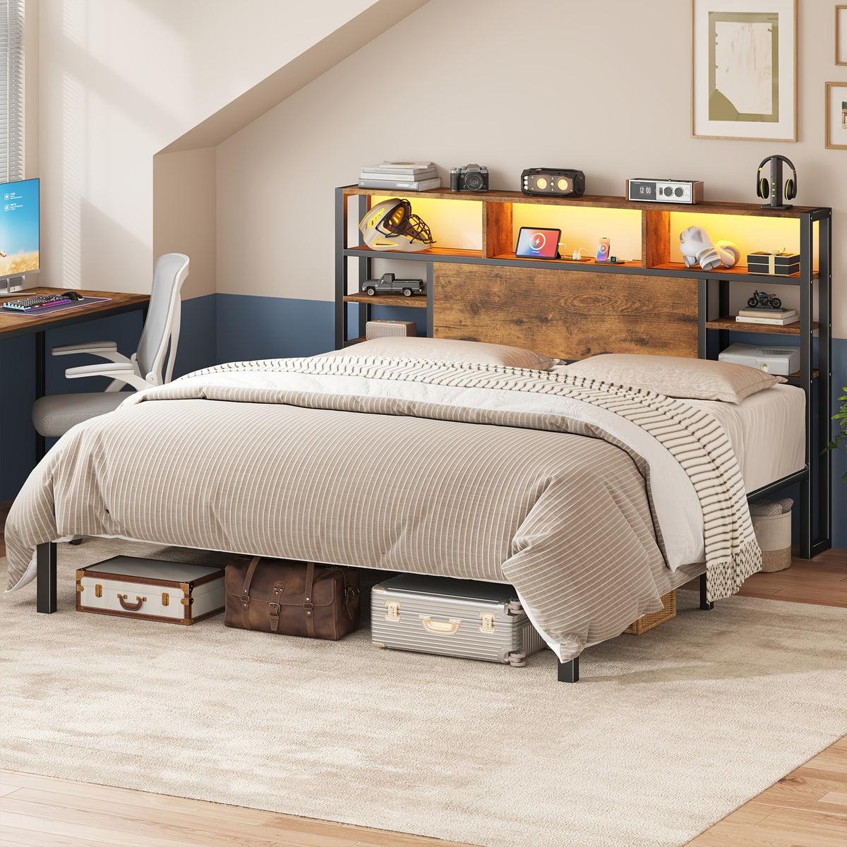 Full/Queen/King Size Bed Frame with Storage Headboard, LED Lights & Charging Station Heavy Duty Metal Platform Bed for Bedrooms, 1100 LBS Capacity, No Box Spring Needed, Easy Assembly, Black, Brown
