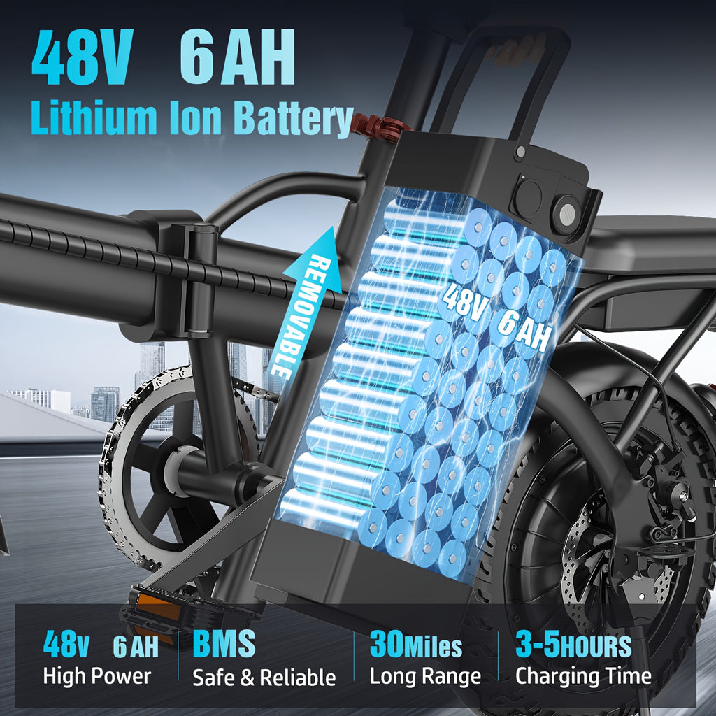 14-Inch Lightweight Folding Electric Bike, 500W Motor, 19.9 MPH Max Speed, 48V 6Ah Removable Battery, Portable Compact E-Bike for Adults, Urban Commuting