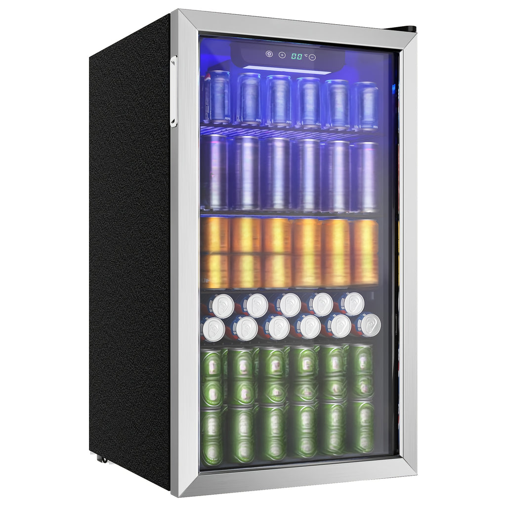 [126 Can Mini Fridge] Beverage Refrigerator Cooler, 126 Can Mini Fridge with Glass Door for Soda Beer Or Wine, Beverage Cooler for Home, Office, Bar with Adjustable Removable Shelves, Silvery